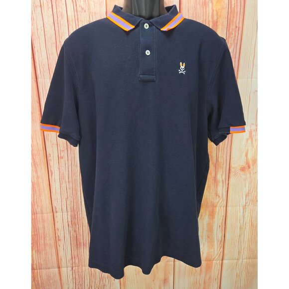 Psycho Bunny Mens Polo Shirt Navy W/ Striped Collar 100% Pima Cotton Size 8 - Picture 1 of 8